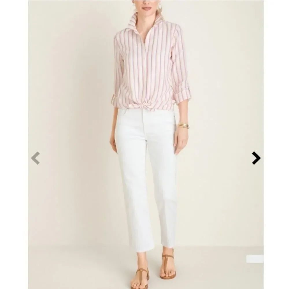 Chico's No Iron Linen Striped Button Down Shirt Metallic Size 2 Large (12 14)